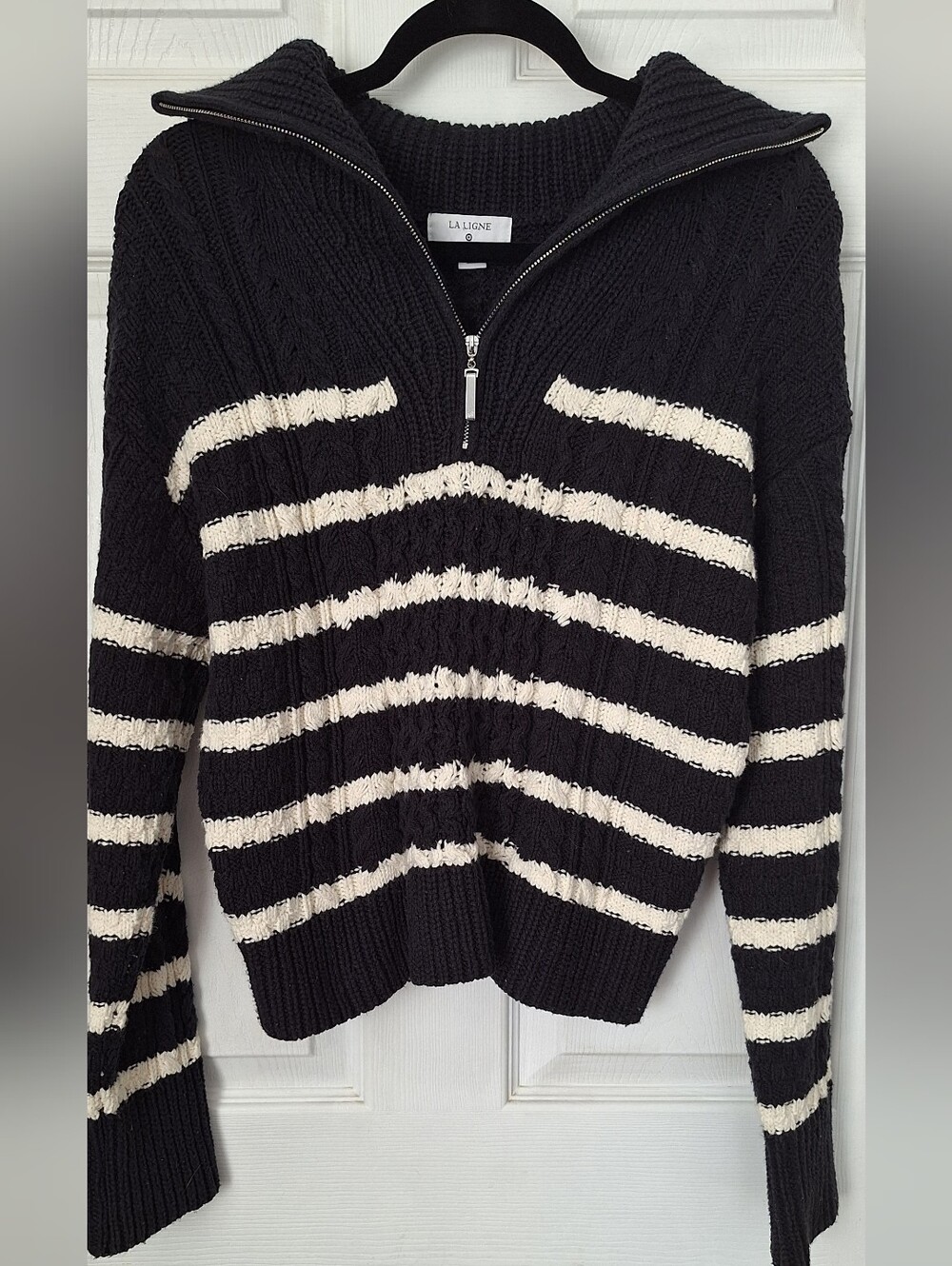 La Ligne x Target Navy White Striped Cable Knit Quarter Zip Sweater M